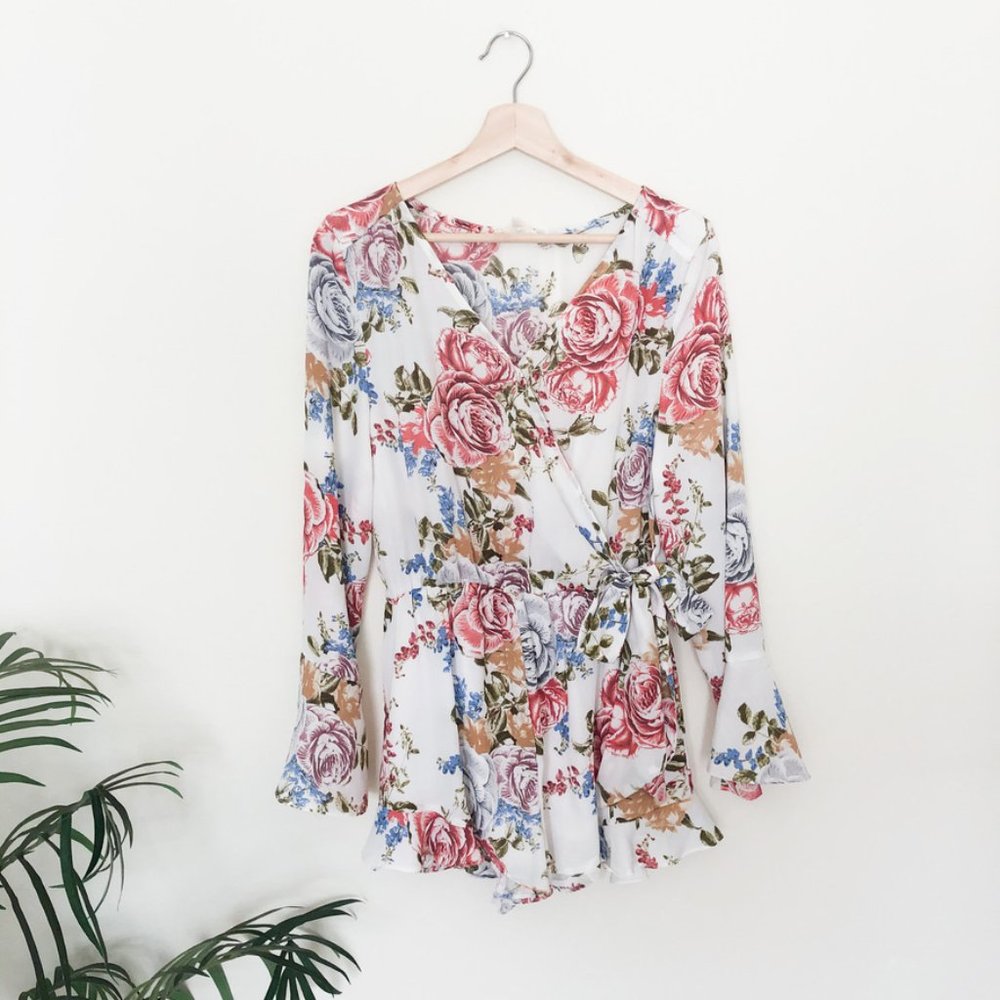 Floral Faux Wrap Long Sleeve Romper
